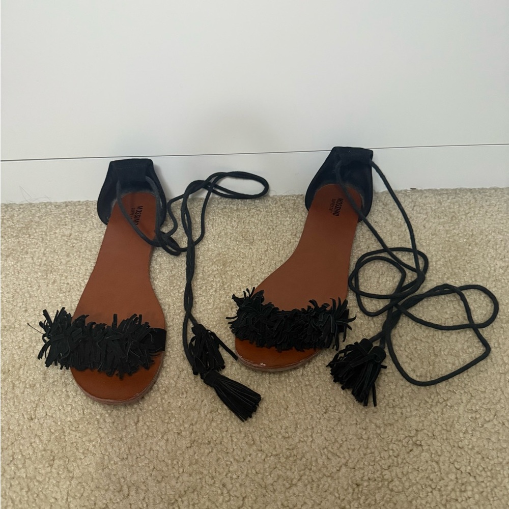 Black Strappy Sandals with Tassel Detail